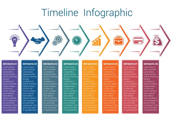 Tijdlijn infographic 8 kleur pijlen — Stockvector