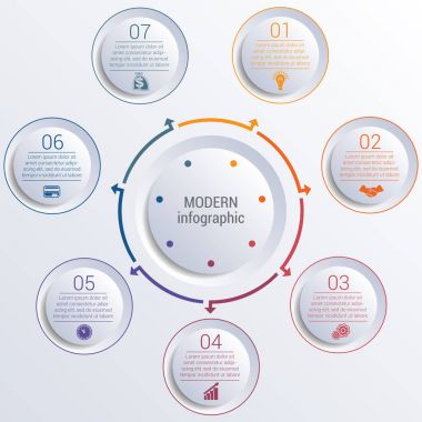 Infographic diyagram 7 seçenekleri daireler ile.