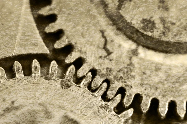 Stará chroumovaná struktura ocelových ozubených kol. Makro. Sépie — Stock fotografie
