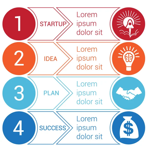 Startup bussines círculos infográficos mínimos flechas 4 posiciones — Vector de stock