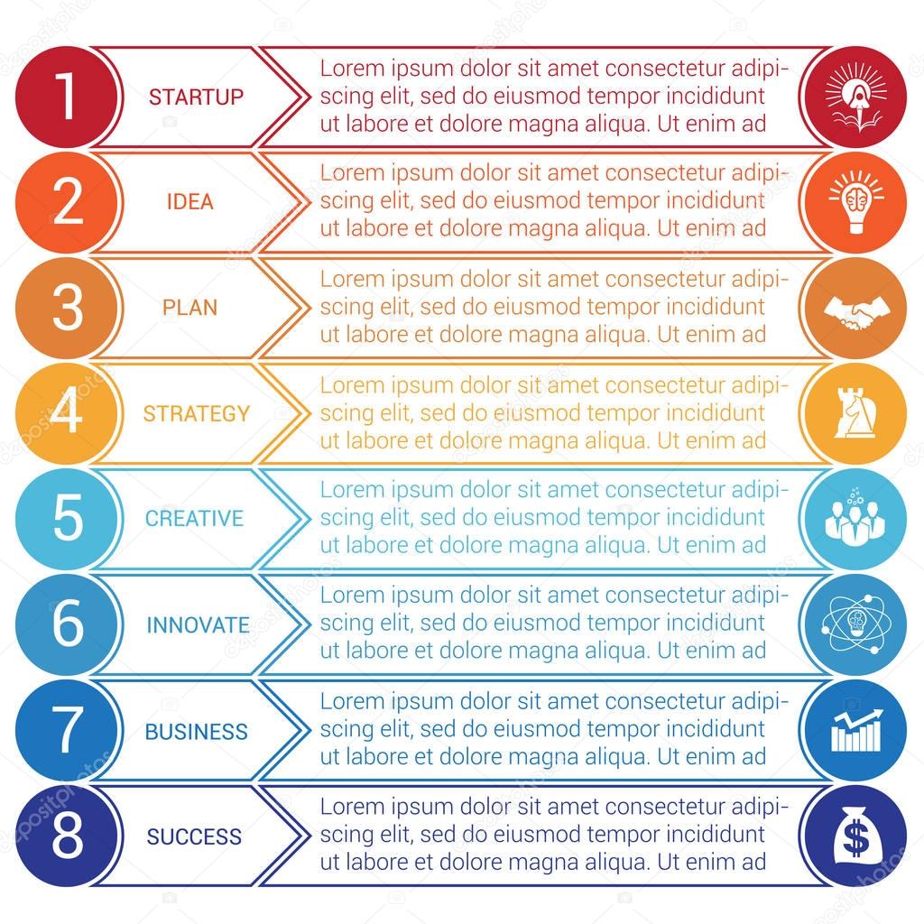 Startup bussines minimal infographic templates from circles and horizontal colorful arrows 8 positions