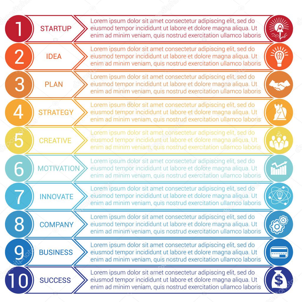 Startup bussines minimal infographic templates from circles and horizontal colorful arrows 10 positions