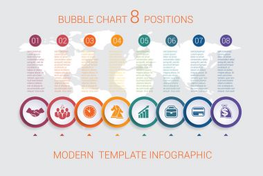 Grafikler Infographic adım adım 8 renkli baloncuklar konumlandırır