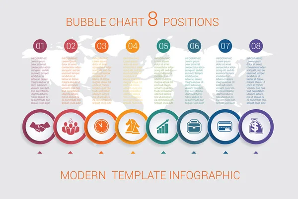 Grafikler Infographic adım adım 8 renkli baloncuklar konumlandırır