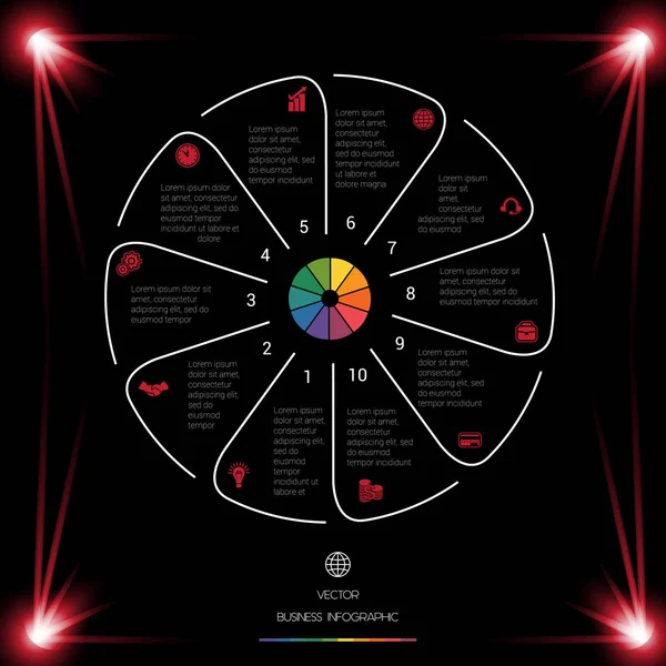 Círculo Líneas Infografía 10 Posiciones fondo oscuro con l rojo — Archivo Imágenes Vectoriales