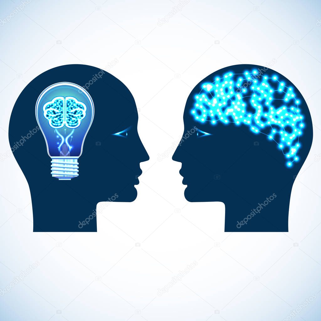 Lamp and shone brain concept heads of two people