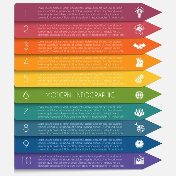 Şablon Infographic yatay renkli oklar satırları 10 konum — Stok Vektör