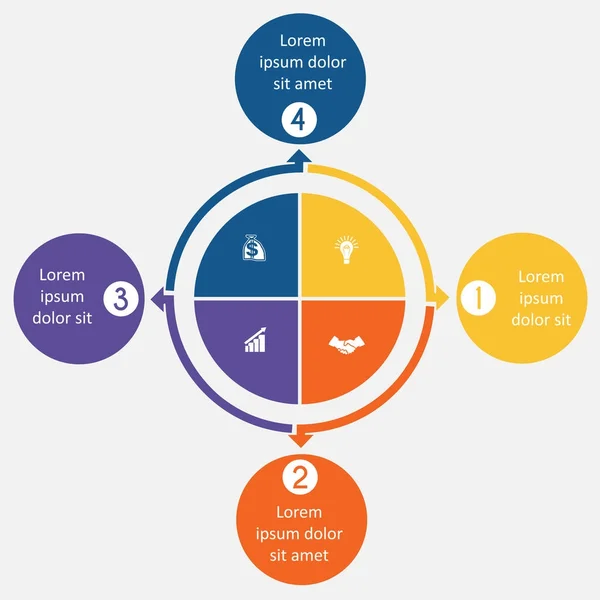 Diagram 4 cyclische processen, stap voor stap, kleurrijke cirkels — Stockvector