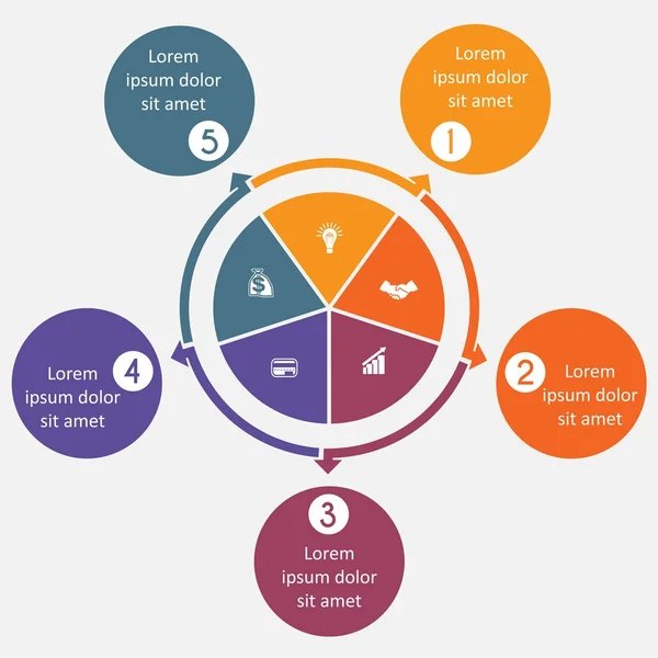 Figura 5 processos cíclicos, passo a passo, círculos coloridos —  Vetores de Stock