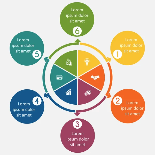 Diagram 6 cyclische processen, stap voor stap, kleurrijke cirkels — Stockvector