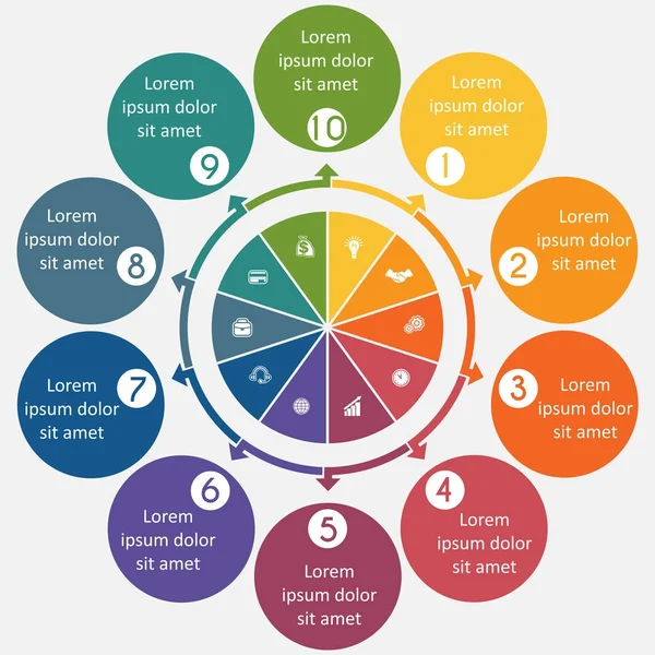 Diagram van 10 cyclische processen, stap voor stap, kleurrijke cirkels — Stockvector