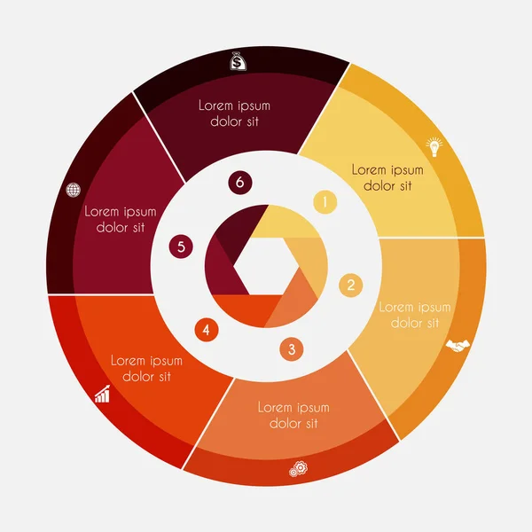 Infographic επαγγελματίες πίτα γράφημα για παρουσιάσεις με 6 επιλογές, διαδικασίες κύκλου — Διανυσματικό Αρχείο