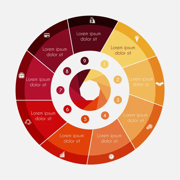 Infographic Business cirkeldiagram voor presentaties met 9 opties, cyclus processen — Stockvector
