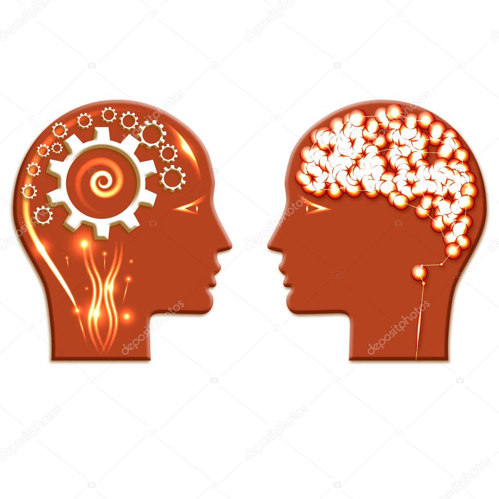 Conceptual illustration, gears wheels and a shone brain in heads