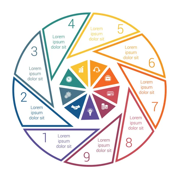 Cirkeldiagram op witte achtergrond van lijn voor 9 opties. Sjabloon — Stockvector