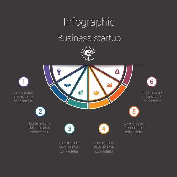 Semicerchio colorato infografica scura 6 posizioni passo dopo passo — Vettoriale Stock