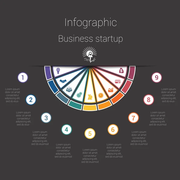 Donkere infographic kleurrijke halfronde 9 posities stap voor stap — Stockvector