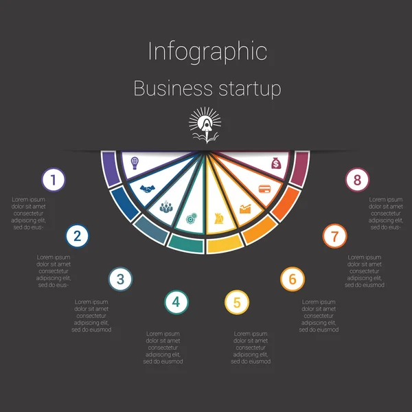 Donkere infographic kleurrijke halfronde 8 posities stap voor stap — Stockvector