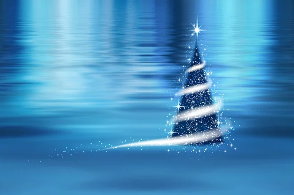 Template for New Year project or Winter background. Christmas tree, blizzard, stars, snow,  sky, night, blue background.