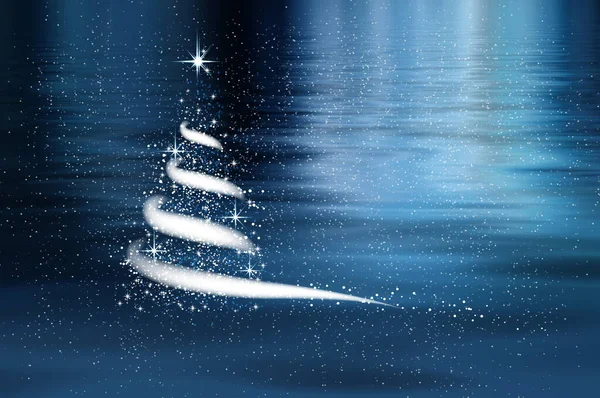 Template for New Year project or Winter background. Christmas tree, blizzard, stars, snow,  sky, night, blue background.