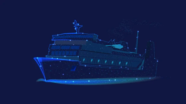 远洋班轮用多边形和圆点构成的船的图解 商务旅行 航运等概念 美丽的深蓝色夜空的背景 低多重性 — 图库照片