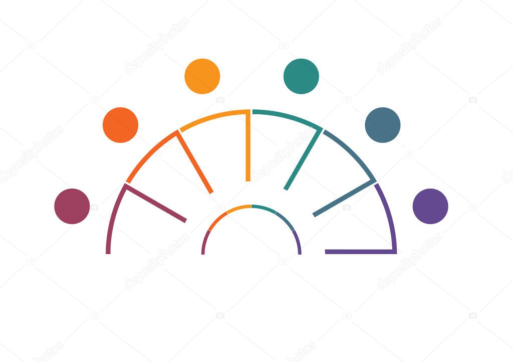 Template for infographics from colourful lines in shape Semicircle on six 6 positions for text.