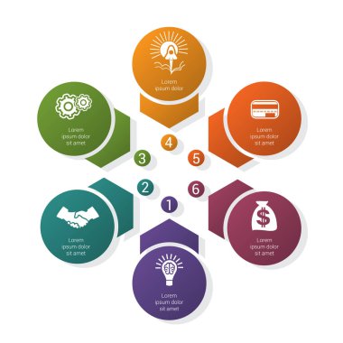 6 konum için gölgeli oklar ve dairelerden bilgi aktarımı için renkli şablon