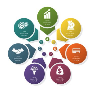 7 konum için gölgeli oklar ve çemberlerden gelen renkli şablon