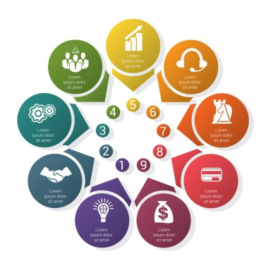 9 konum için gölgeli oklar ve dairelerden gelen renkli şablon