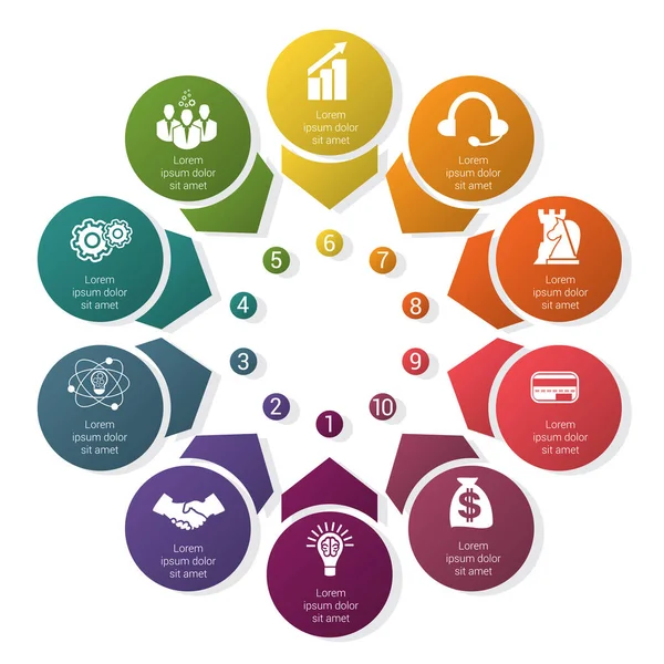 10 konum için gölgeli oklar ve dairelerden gelen renkli şablon