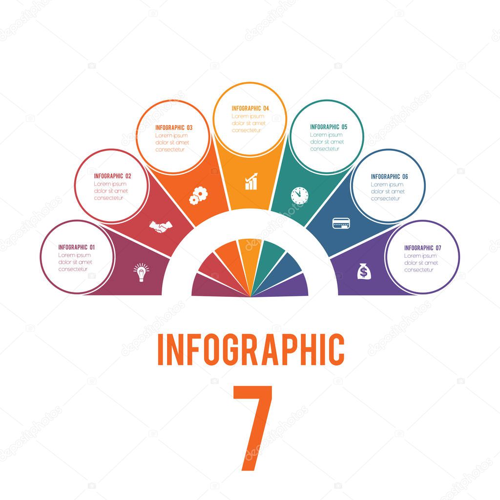 Elements of Infographics Conceptual Cyclic Processes Possible to Use for Workflow, Banner, Diagram, Web design, Timeline, Area chart,Number options. Colorful semicircle and circles for 7 Positions.