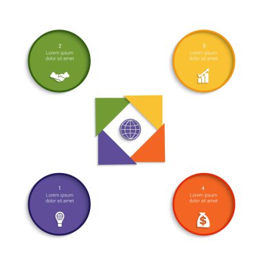 Projeler için kullanılabilecek 4 konum için renkli modern şablon iş, iş akışı, bayrak, diyagram, web tasarımı, zaman çizelgesi, alan şeması, sayı seçenekleri.