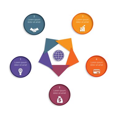 Projeler için kullanılabilecek 5 konum için renkli modern şablon iş, iş akışı, bayrak, diyagram, web tasarımı, zaman çizelgesi, alan şeması, sayı seçenekleri. 