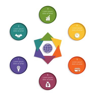 Proje işleri, iş akışı, bayrak, diyagram, web tasarımı, zaman çizelgesi, alan şeması, sayı seçenekleri için kullanılabilecek 6 konum için renkli modern şablon.