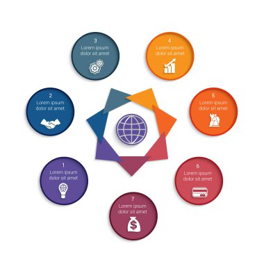 Projeler için kullanılabilecek 7 konum için renkli modern şablon iş, iş akışı, bayrak, diyagram, web tasarımı, zaman çizelgesi, alan şeması, sayı seçenekleri.