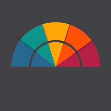 Karanlık arka planda bilgi. Renkli yarım daire. 5 konumdaki metin alanlarıyla şablon