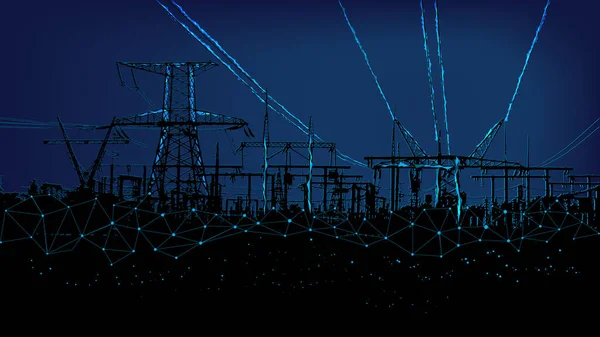 電気タワー多角形 コンセプト電気の生産と輸送 線と点を持つ美しい濃い青の夜空の背景 — ストック写真