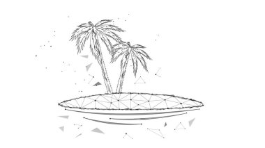 Çokgenlerden ve noktalardan oluşan bir adada palmiye ağaçları. Siyah beyaz çizim. Rüya kavramı veya tatil, gezi, seyahat veya turizm kavramı. 