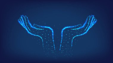 Eller yukarı, üçgenlerden ve parlak noktalardan. Güzel koyu mavi gece gökyüzünün arka planı. Çokgen çizim. Düşük yalan makinesi.