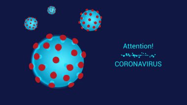 Dikkat! Coronovirus. Virüsün soyut görüntüsü. Arkaplan koyu mavi.