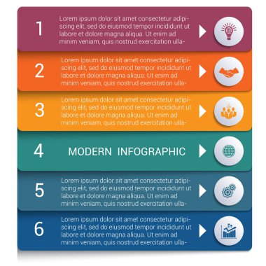 Renk bantlarından gelen bilgi grafikleri. Modern bilgi grafikleri. Pankart, iş süreçleri, iş akışı, diyagram, akış şemaları için 6 seçenek.