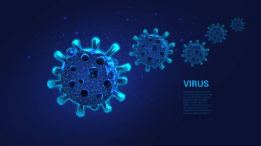 Virüs hastalıklarının tedavisi ve önlenmesi kavramı. Virüsün molekülleri üçgenlerden ve parlak noktalardan. Coronavirus. Güzel koyu mavi gece gökyüzünün arka planı. Makro. Düşük yalan makinesi.
