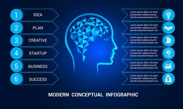 6个位置的概念信息图形模板 多边形大脑 蓝色背景 — 图库矢量图片