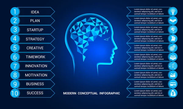 Modèle Infographie Conceptuelle Sur Positions Tête Humaine Cerveau Polygonal Fond — Image vectorielle