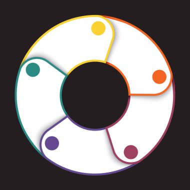 Bilgi grafikleri için şablon, siyah arkaplan üzerinde 5 konum için satırlardan renkli pasta grafiği