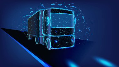  Üçgenlerden ve yol üzerindeki parlak noktalardan gelen bir kamyon. Başarılı iş lojistiği kavramı. Poligonal illüstrasyon. Düşük yalan makinesi.