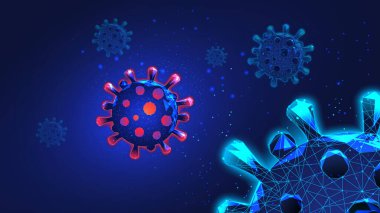 Virüs kırmızı ve mavi molekülleri üçgenlerden ve parlak noktalardan. Biyomedikal araştırma kavramı, tedavi seçeneği ya da tehlike uyarısı arayışı. Güzel koyu mavi gece gökyüzünün arka planı. Makro. Düşük yalan makinesi.