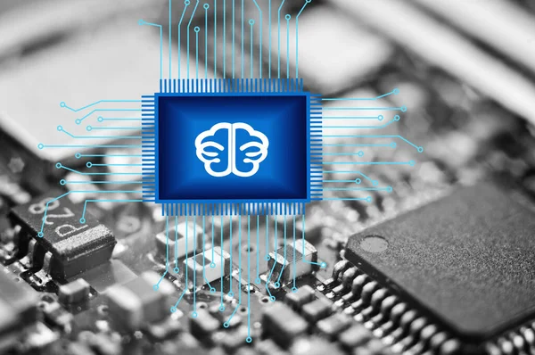 Chip Blue Hjärnan Bakgrunden Svarta Och Vita Mikrokretsar Artificiell Intelligens — Stockfoto