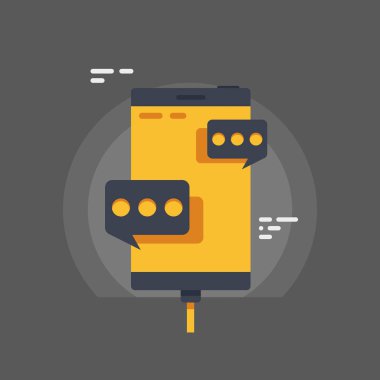 Mobil yazışma, cep telefonunuzda ileti vektör konsepti, iletiyi reklam, smartphone kabarcık açılır ileti, telefon düz illüstrasyon izole koyu arka plan üzerinde şarj kablosu