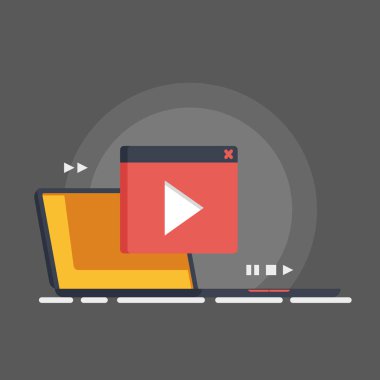 Video içerik izlerken, kursları vektör kavramı 3d, dizüstü bilgisayar bulunan internet sayfası oyun düğme sembolü düz illüstrasyon izole koyu arka plan üzerinde